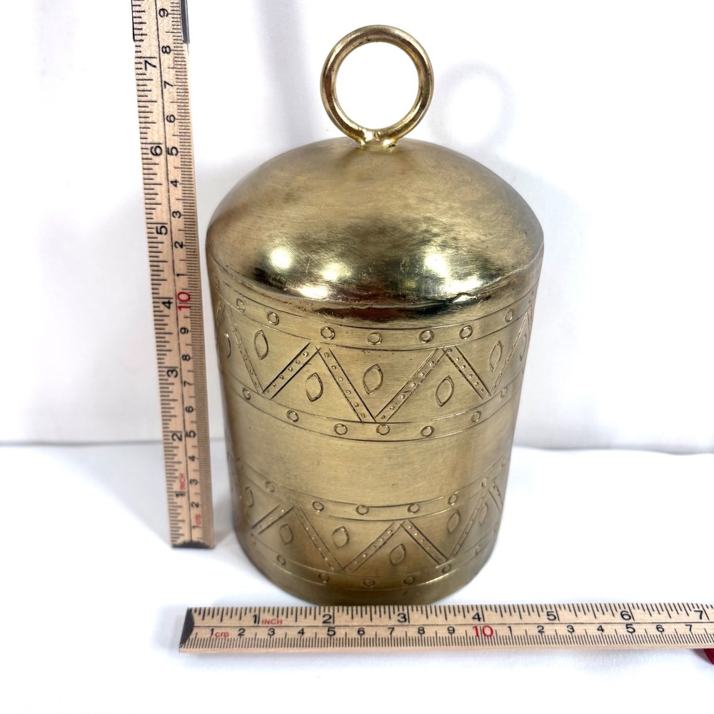 Pottery Barn Bell Gold Brass Etched Geometric Pattern Made in India Large 8in - Picture 7 of 7